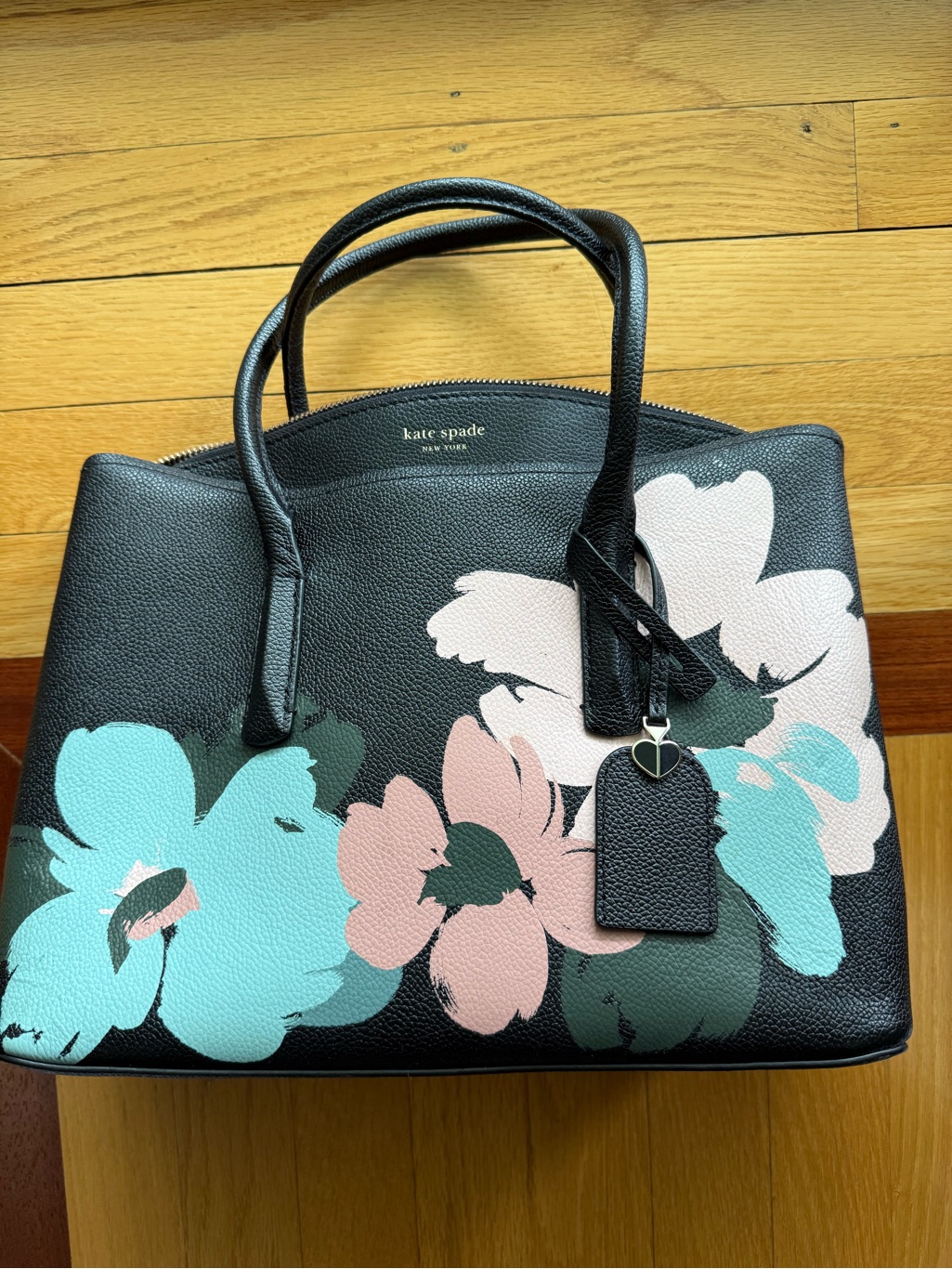 Kate Spade Black Floral Leather Satchel With Teal & Blush Accents